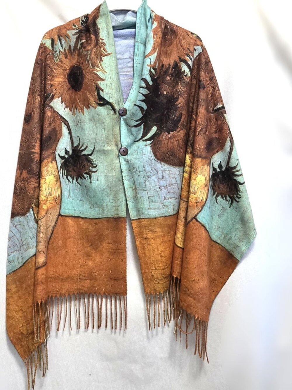 Floral Print Van Gogh Sunflowers. Scarf/Shawl w/Buttons, 28"x71"